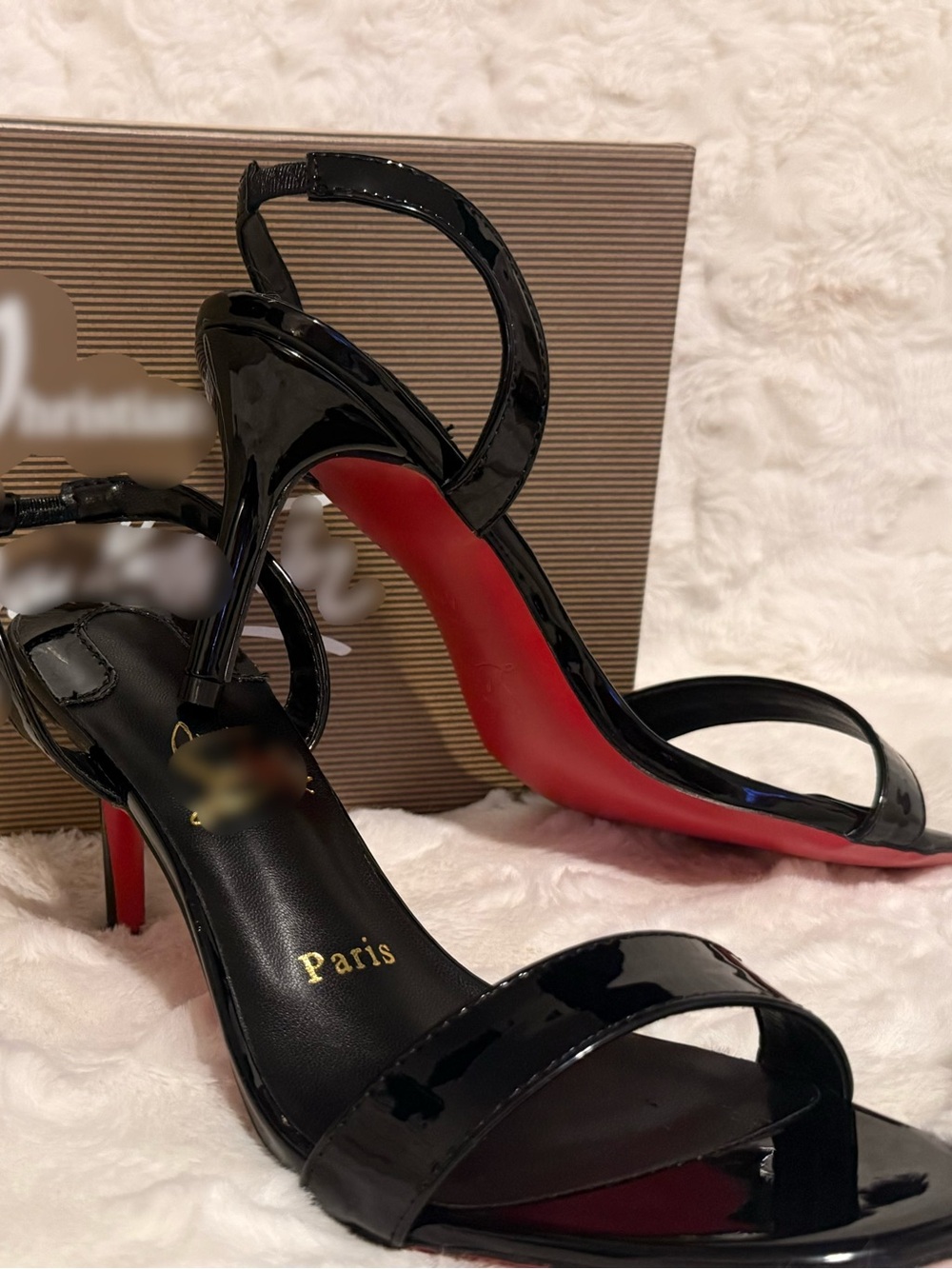 High Quality Black Patent Leather Ankle-Strap Heels red sole